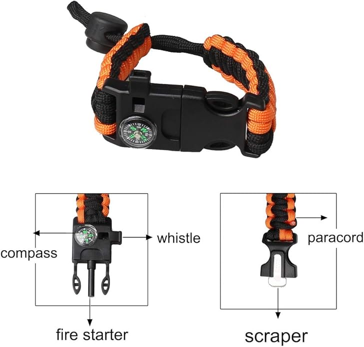 Survival Paracord Bracelet Flint Fire Starter Scraper Compass Wilderness Survival Whistle Adjustable Wristband 2Pack Black&Armygreen