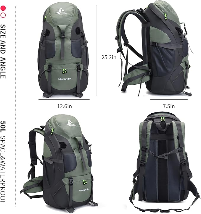 Bseash 50L Hiking Backpack, Water Resistant Lightweight Outdoor Sport Daypack Travel Bag for Camping Climbing Touring (Army Green - With Shoe Compartment)