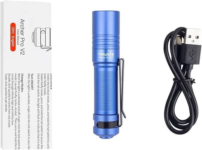 ThruNite Archer Pro V2 EDC Flashlight - 950 Lumens, USB-C Rechargeable, Tail Switch LED Penlight for Camping, Outdoor & Emergency - Cool White (Blue)