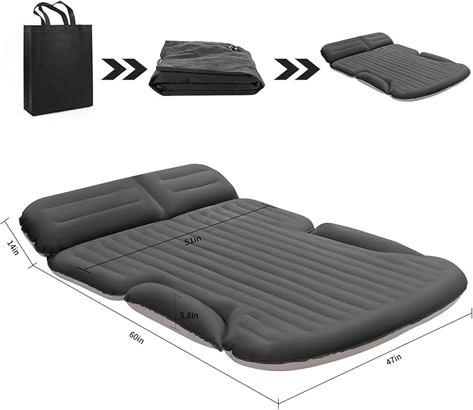 KMZ SUV Air Mattress Thickened and Double-Sided Flocking Travel Camping Bed with 2 Pillows & Electric Pump Dedicated Mobile Cushion Inflatable Bed for SUV Trunk and Rear Seat (Dark Gray)
