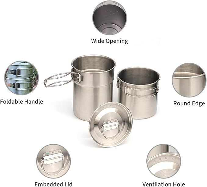2Pcs 4Pcs Foldable Camping Cups and Mugs Pot 304-Food-Grade Stainless Steel Outdoor-cookware-Set with Vented lid
