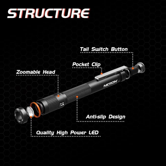 NICRON B22W LED Pocket Pen Light, Small, Compact, Portable, Zoomable Flashlight with Clip for nspection, Camping, Outdoor, Everyday Use