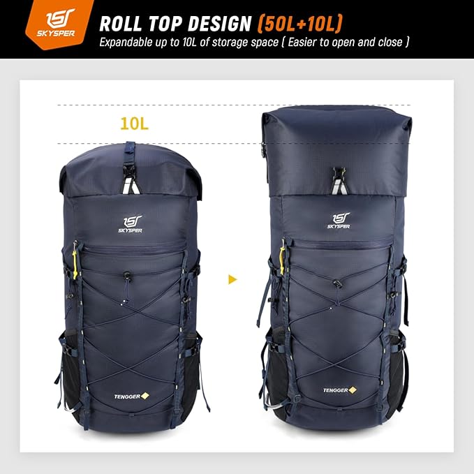 SKYSPER Hiking Backpack - 50L Roll Top Backpacking Backpack Lightweight Comfortable Breathable Camping Travel Pack for Men Women(Blue)