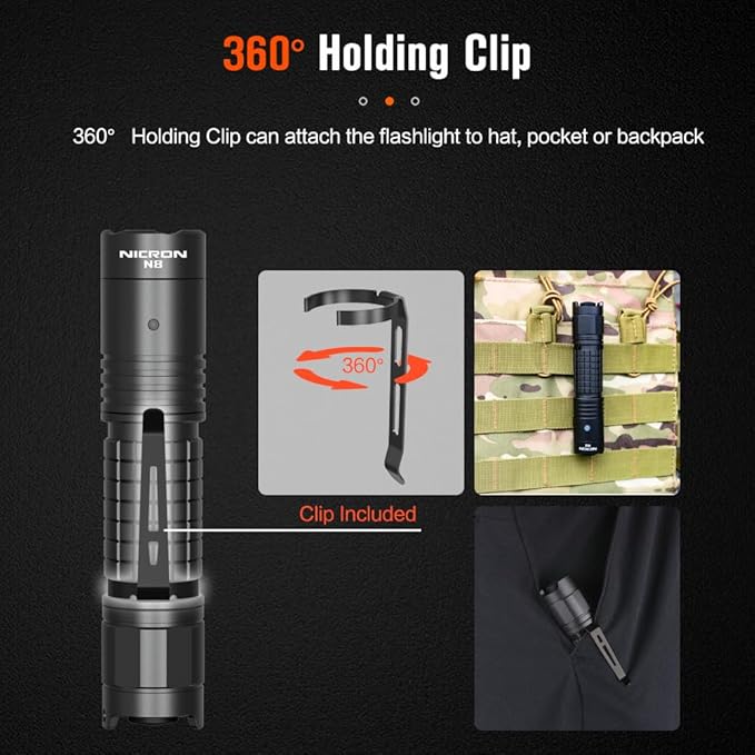NICRON Flashlights High Lumens 1300, Rechargeable Flashlights 6 Models Super Bright Tactical Flashlight, IPX8 Waterproof flashlights for Camping, Emergency, Outdoor, Inspection, Tools for Men