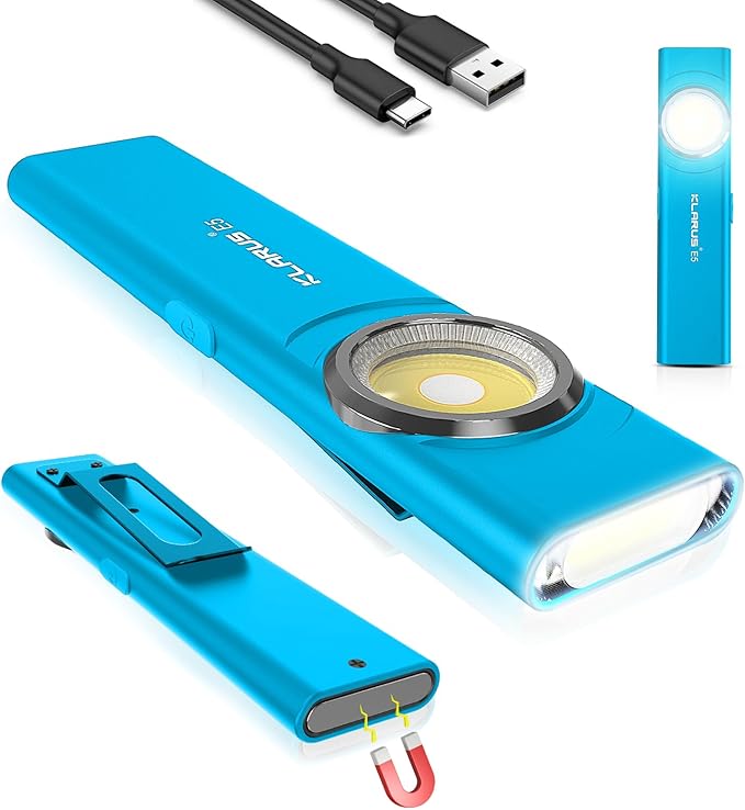 klarus E5 Pocket Flashlight, Rechargeable EDC Flashlight, Super Slim Flat 4.2x1x0.3inch, 470 Lumens, USB-C Port, IPX4, Dual Light Source with Magnetic Base, Hat & Clothes Clip - Blue