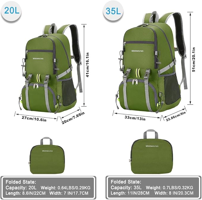 WEREWOLVES 20/35L Lightweight Hiking Backpack, Ultralight Water Resistant Packable Daypack for Women Men