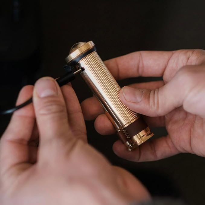 Barebones Mini Flashlight - Rechargeable 4-Inch Flashlight Great for Camping, Travel, and More - Antique Style Flashlight with 4 Light Settings and a Copper Magnetic Base (Brass)
