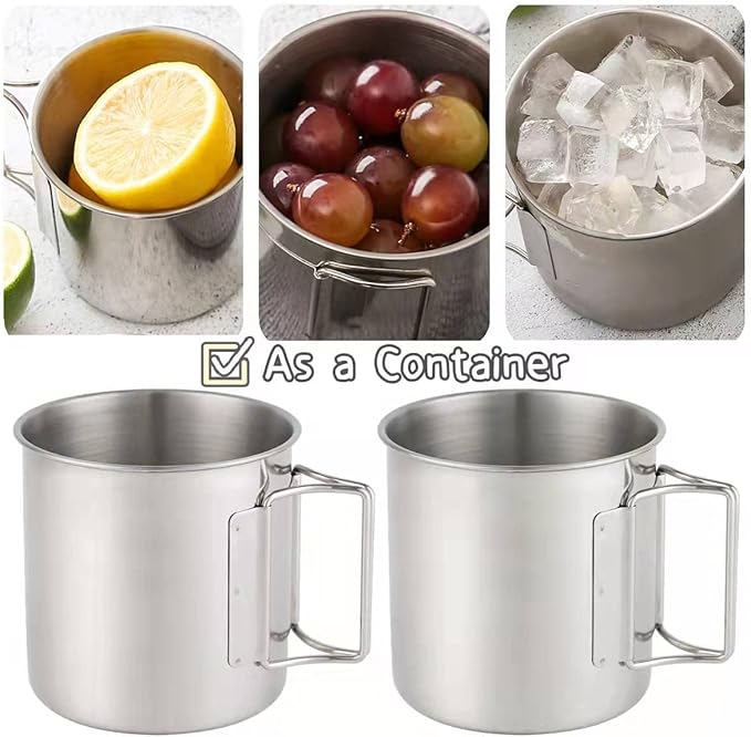 Stainless Steel Camping Mugs Outdoors Cup with Foldable Handle 2 Piece Set 660ml/22.3oz Great for Backpacking , Hiking, Hunting, Fishing and Survival Adventure