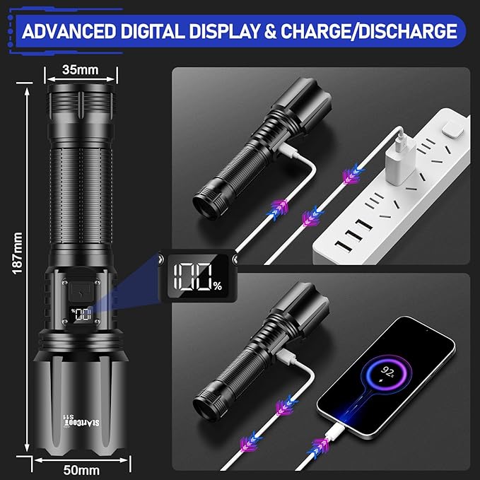 Flashlights High Lumens Rechargeable, Super Bright 990000 Lumens Flashlight USB, High Powered LED Flashlight, Handheld Rechargeable Flash Light for Emergency Camping Hiking