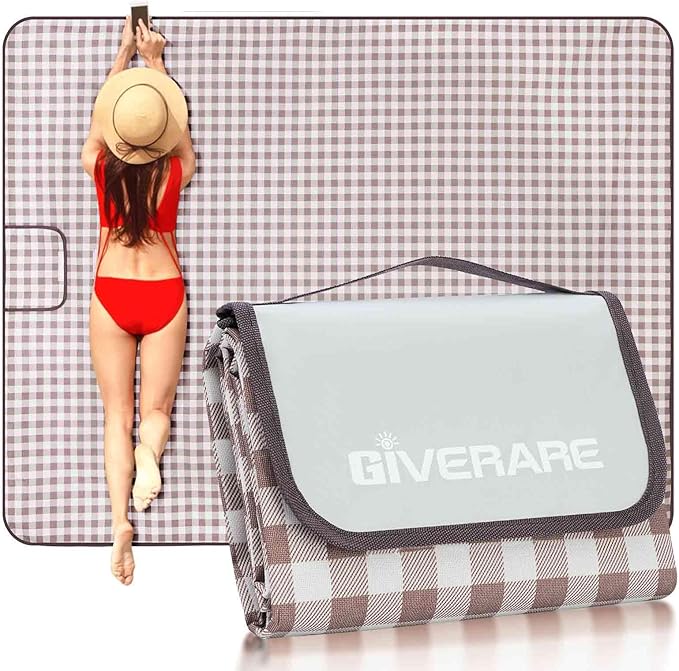 GIVERARE Picnic Beach Blanket Extra Large, XL Sandproof Waterproof Outdoor Camping Blankets 80x60in, Sand Free Oversized Mat, Quick Drying Portable Mats for Travel, Hiking, Music Festival, Lawn-Brown