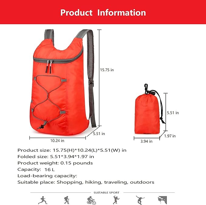16L Hiking-Daypack Lightweight-Foldable Travel-Backpack Water-Resistant Camping Outdoor Packable Easy Carry-on Bag (Red)