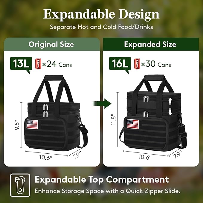 Lifewit Double Deck Tactical Lunch Box for Men, Expandable Leakproof Insulated Large Lunch Cooler with MOLLE Webbing and Shoulder Straps, Heavy Duty Lunch Bag for Men Work Camping Picnic, 16L Black