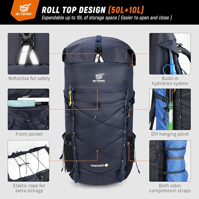 SKYSPER Hiking Backpack - 50L Roll Top Backpacking Backpack Lightweight Comfortable Breathable Camping Travel Pack for Men Women(Blue)