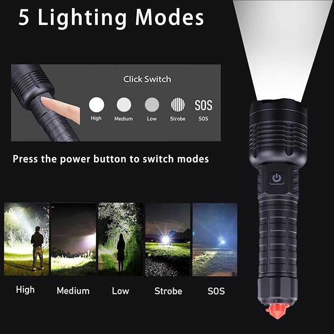 Rechargeable Led Flashlights 10000 Lumens Flashlight 6.7in Handheld Flashlights IP44 Waterproof Zoomable 5 Modes Waterproof Flash Lights for Emergency, Outdoor, Home, Camping, Hiking(Battery Free)