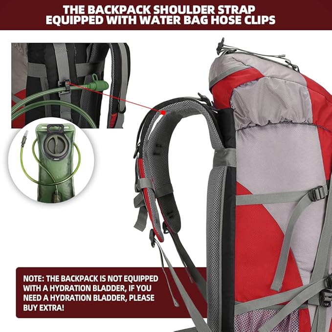 King'sGuard 70L Hiking Backpack Large Lightweight Waterproof Camping Backpack Travel Backpacking Backpack Daypack with Rain Cover -Frameless (Red)