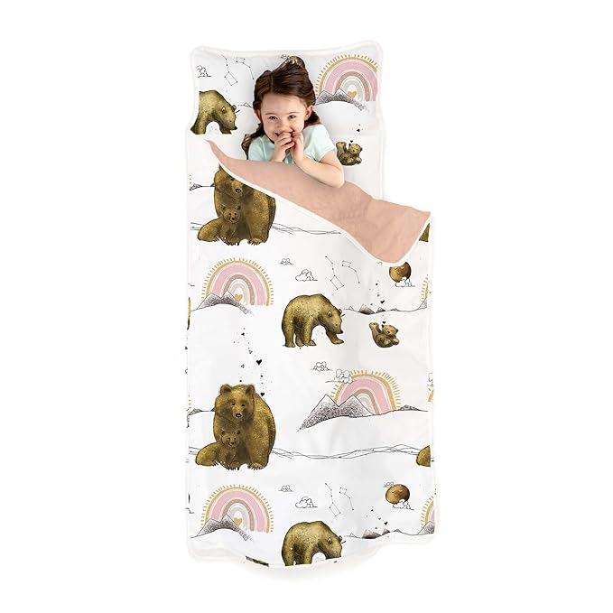 JumpOff Jo - Extra Long Toddler Nap Mat for Preschool, Daycare and Kindergarten - Sleeping Bag for Kids with Removable Pillow and Ultra Soft Blanket - Rainbow Bears