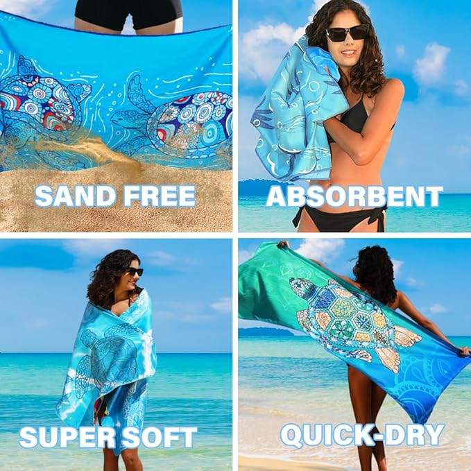 4 Pack Microfiber Thin Lightweight Beach Towel Sand Free Quick Dry Absorbent Compact Towels for Swimming Pool Camping Beach Accessories Large Easy Pack Travel Things for Vacation Essentials Adult Gift