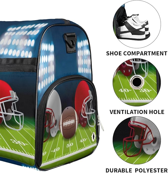 Football Helmet Dry Wet Depart Duffle Overnight Bag with Shoes Compartment & Wet Pockets, Water Resistant Weekender Travel Gym Pouch For Swim Gymnastics Ballet Sleepovers
