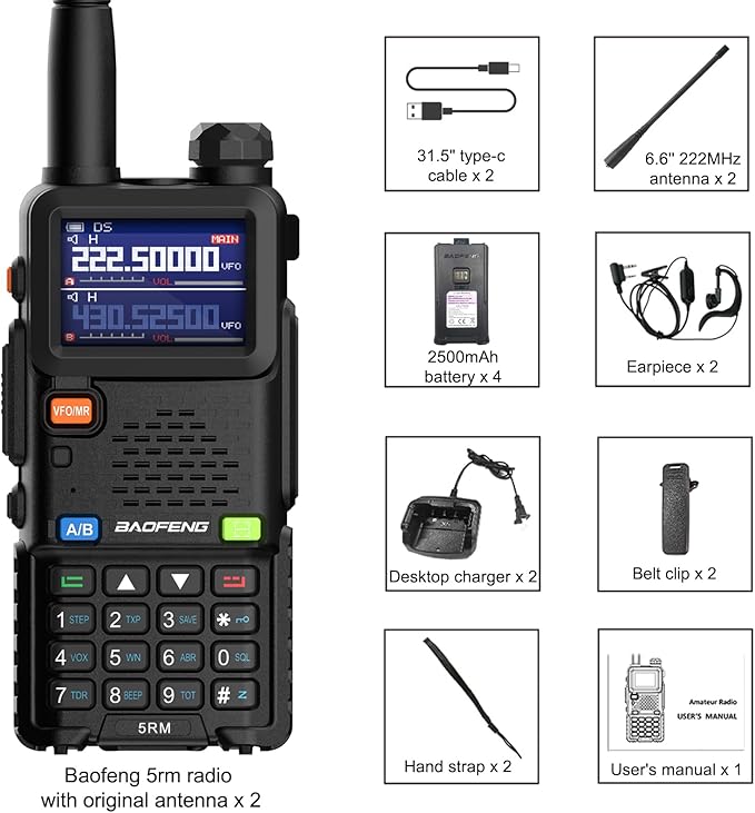 Ham Radio Handheld Baofeng Radio 5RM Upgraded of UV-5R High Power Long Range Walkie Talkies for Adults Multi-Band Two Way Radio NOAA Weather Copy Frequency USB C Charger 999CH Outdoor Hiking Camping