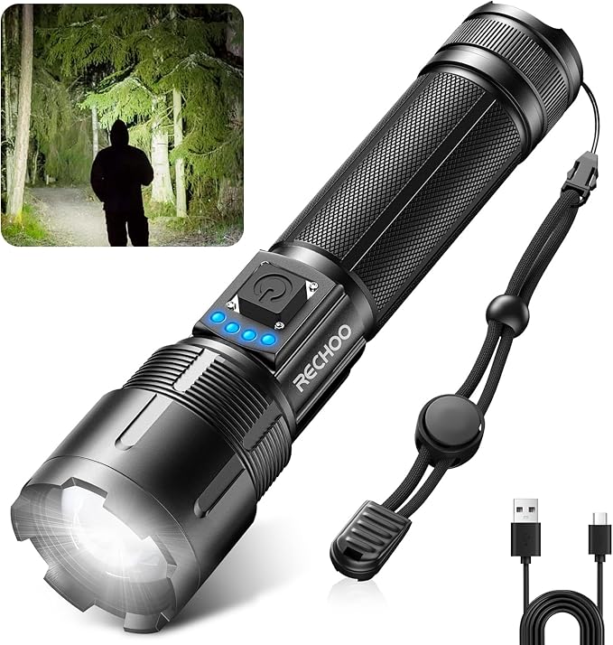 RECHOO Rechargeable Flashlights High Lumens, 10000 Lumens Tactical Flashlights, Super Bright LED Flashlight with 5 Mode & Zoomable, IP65 Waterproof Flash Light for Camping, Hiking, Emergency, Home