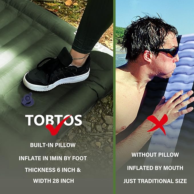 TOBTOS Self Inflating Camping Sleeping Pad with Pillow, Thick 6 Inch Ultralight Sleeping Pad with Built-in Pump, Lightweight Sleeping Mat for Camping, Backpacking, Hiking, Tent (Green)…