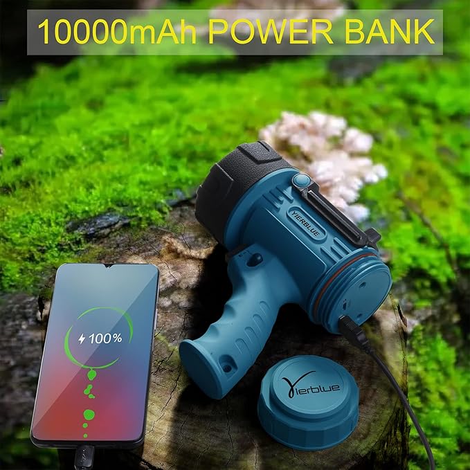 Rechargeable Spotlight,18W IPX7 Water-Resistant Flashlight, Super Bright 10000 Lumens LED,10000mAh 20h Ultra-long Standby,Ideal Spotlight for Boating, Camping, Hiking, Hurricane survival(blue)…