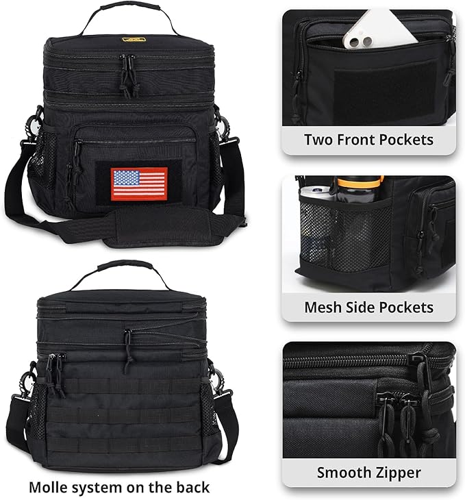 ATRIPACK Lunch Bag for Men, Double Deck Tactical Lunch Box Work with Shoulder Strap MOLLE Webbing Large Lunch Cooler Leakproof Insulated (Black)