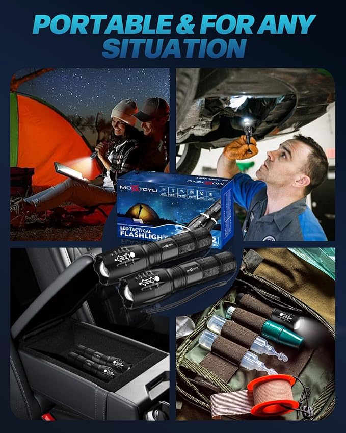 Flashlight 4 Pack, 5 Modes 2000 Lumen Tactical LED Flash Light, High Lumens Bright Waterproof Flashlights, Zoomable Flash Lights for Camping, Emergencies, Outdoor, Home, Gift for Men Adult