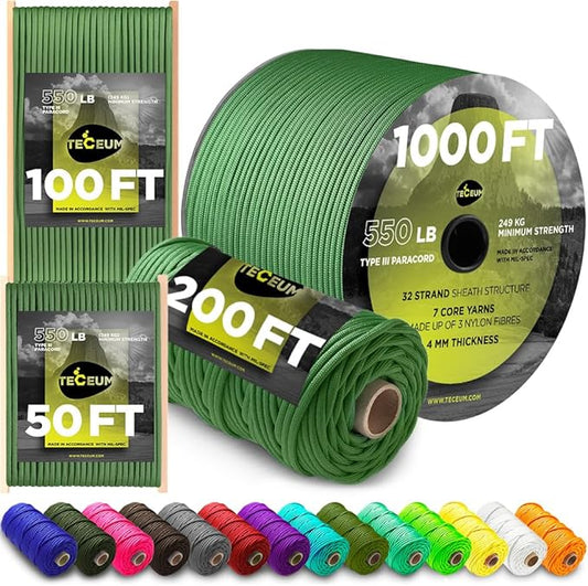 TECEUM Heavy Duty Rope 1000 – 1000ft / 200ft / 100ft / 50ft – 40+ Colors – Utility Rope for Survival & Camping Gear – Nylon String, Camping Rope, para Cord, Utility Nylon Rope, Tent Cord