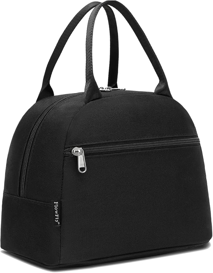 FlowFly Insulated Reusable Lunch Bag Adult Large Lunch Box Lunch Tote for Women and Men,With Front Pocket,Black