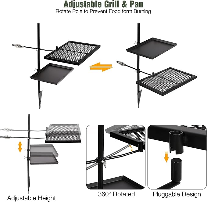 REDCAMP Swivel Campfire Grill Skillet Combo, Portable Heavy Duty Camping Grill Grate with Carrying Bag for Outdoor Fire pit Open Flame Cooking