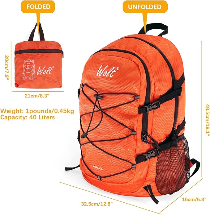 WOLT 40L Packable Travel Backpack, Foldable Lightweight Backpack for Men Women,Waterproof Hiking Bag for Outdoor Camping (Orange)