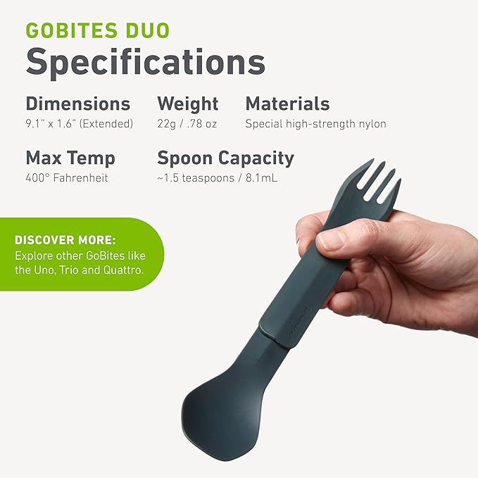 GoBites Duo and Bio Duo Travel Silverware, Full Size Portable Fork & Spoon, Reusable Utensil Set, PC and BPA-free, Food-Safe Nylon or Plant-Based Resin, Extended - 9.1” X 1.6”