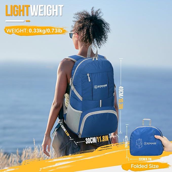 ZOMAKE Lightweight Packable Backpack 35L - Light Foldable Backpacks Water Resistant Collapsible Hiking Backpack - Compact Folding Day Pack for Travel Camping(Dark Blue)