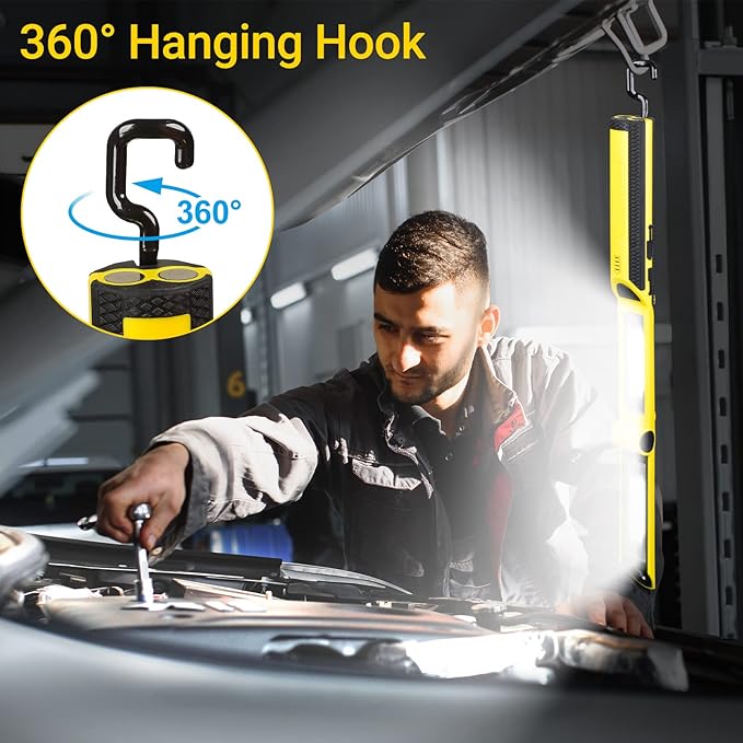 Work Light, Ropelux Rechargeable LED Work Light 1500 Lumens, Portable Flashlight 180° Rotate 3 Modes, with 3 Magnetic Base and Hook Mechanic Light, for Car Repairing/Under Hood/Emergency (Yellow)
