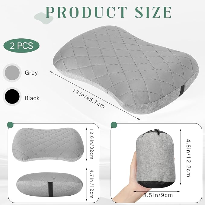 2 Pack Camping Pillow Inflatable Travel Pillow with Removable Cover Backpacking Pillow Blow up Pillow Neck Air Pillow Compressible for Lumbar Support, Travel, Hiking, Black and Grey