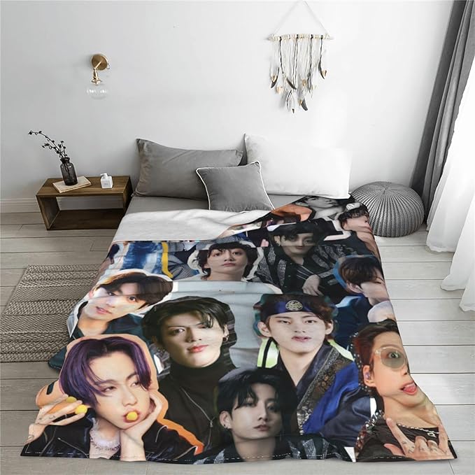 Jungkook Blanket Jeon Jung Kook Soft and Comfortable Warm Fleece Throw Full Picture of Idol Group Blankets 50"X60" Beach Blankets Gift for Dorm Room Decor Sofa Bed Camping Travel