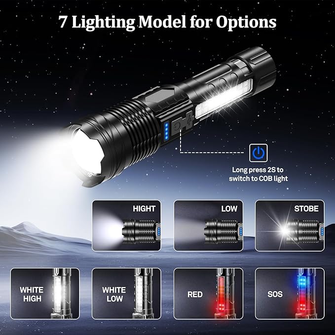 Rechargeable Flashlight high lumens with Clip Waterproof Police Flashlights, Zoomable Beam LED Flash Light with 7 Modes and SOS for Emergencies, Home, Camping, Hiking, Pet Walking (Black)