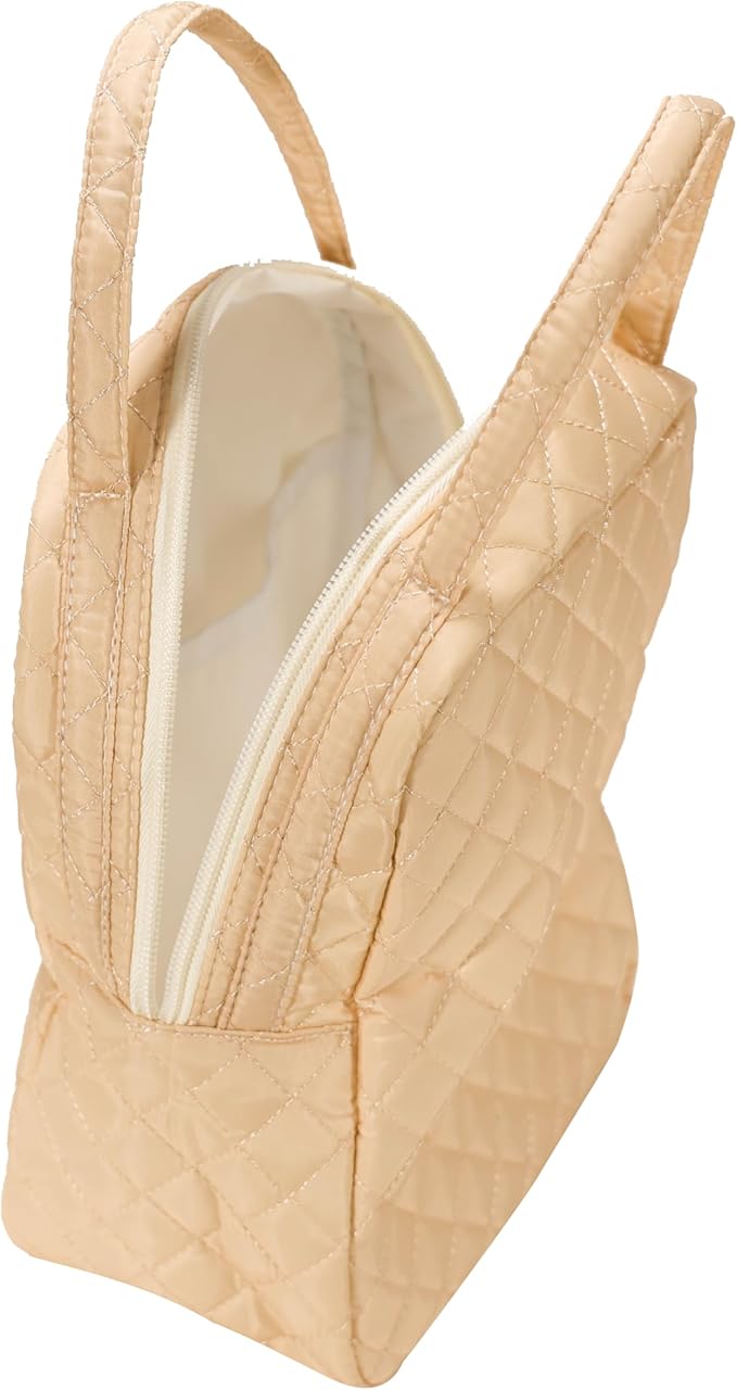 Machine Washable Women Quilted Fabric Insulated Reusable Cooler Lunch Bag Tote Adult Thermal Lunch Box Storage Bag for Work (Beige)