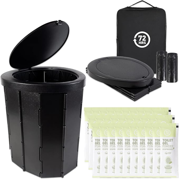 72HRS Portable Collapsible Toilet for Camping, 15.8" Extra Large Camping Toilets Portable Potty, Lightweight and Sturdy, Camp Toilet (With 30 Toilet Bags & 30 Toilet Powers)