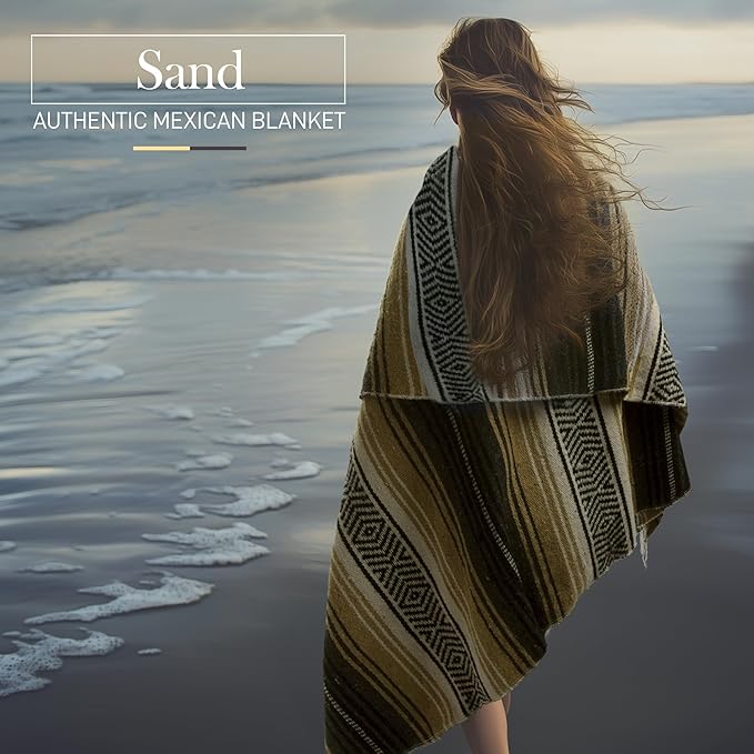 Authentic Large Handwoven Mexican Blanket - Soft Yoga Blanket - Durable Serape Blanket - Lightweight Falsa Blanket, Beach Blanket, Camping Blanket, Picnic Blanket, Outdoor Blanket 70"x50" - Sand