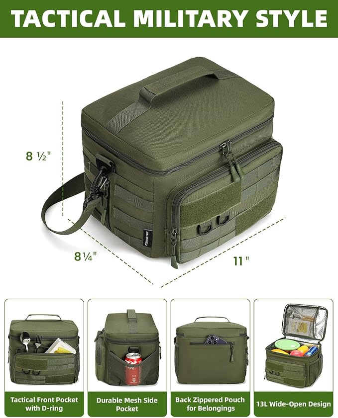Tactical Lunch Box, RalChyez 13L Large Insulated Lunch Bag MOLLE Webbing Leakproof Thermal Cooler with Shoulder Strap Lunch Pail for Adult Men Women Office Work Camping Picnic Travel Green