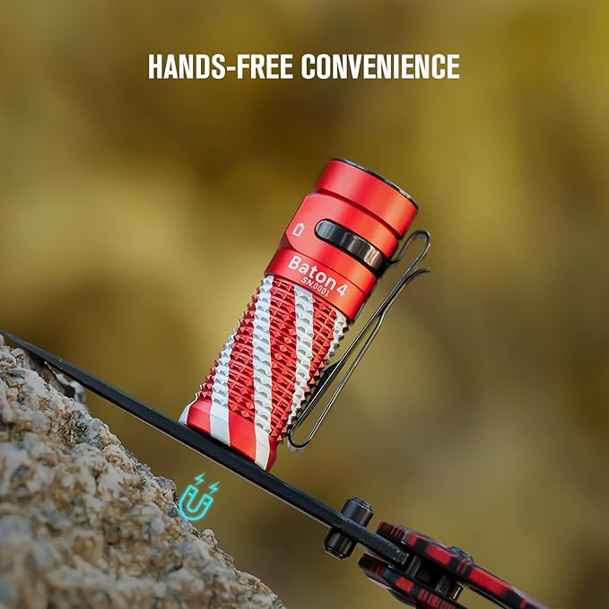 OLIGHT Baton4 Rechargeable EDC Flashlight, LED Pocket Flashlight 1300 Lumens with Magnetic Charging Cable, Small Powerful Bright Flashlight for Home, Camping, and Emergencies (Candy Cane)