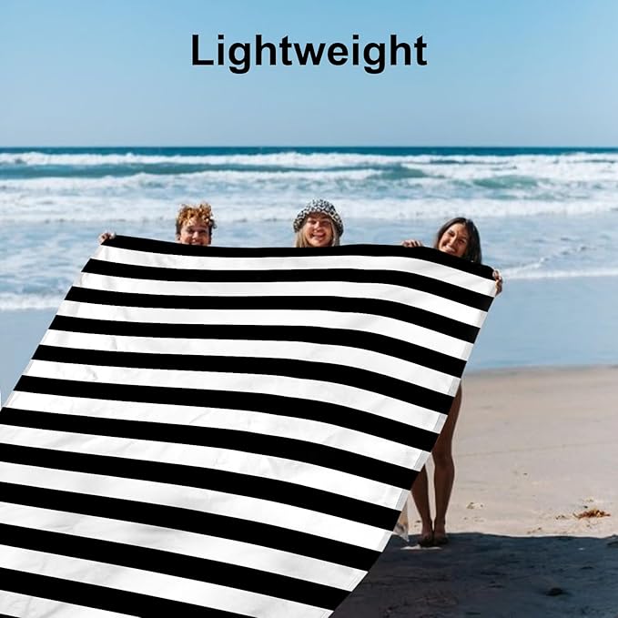 Large Beach Blanket, Black & White Stripe Beach Mat Sand Free Waterproof, Polyester Picnic Blankets Sandproof Stainproof Oversized 9 Ft X 10 Ft for 8 Adults, Beach Essentials Accessories