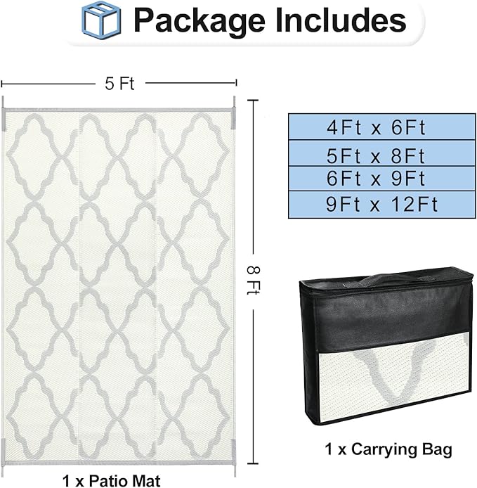 OutdoorLines Outdoor Plastic Area Rugs for Patio 5x8 ft - Reversible Outside Carpet, Stain & UV Resistant RV Mats, Straw Rug for Camping, Deck Garden, Porch and Balcony, Moroccan/Beige & Light Grey