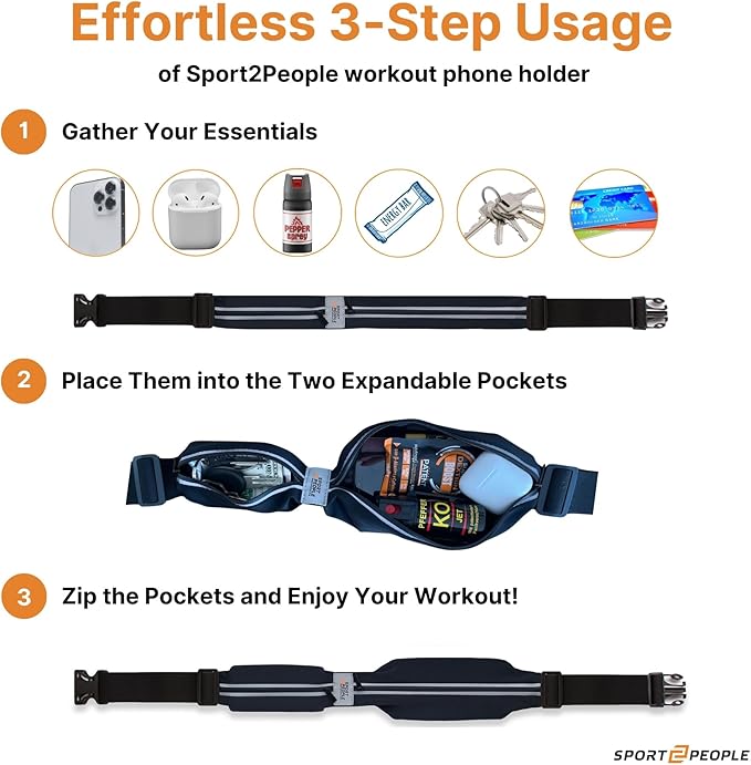 Slim Running Belt for Women and Men, Waterproof Phone Holder for Running, Reflective 2-Pocket Waist Pack for Storing Runnerโs Essentials Safely, Runnerโs Fanny Pack, Money Belt Fits Most Phones