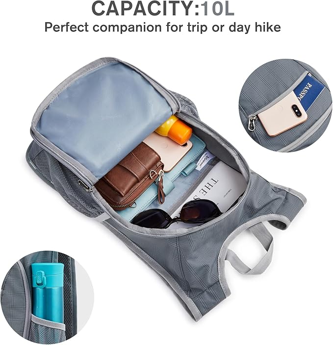 G4Free 10L/15L Hiking Backpack Lightweight Packable Hiking Daypack Small Travel Outdoor Foldable Shoulder Bag(Dark Grey)