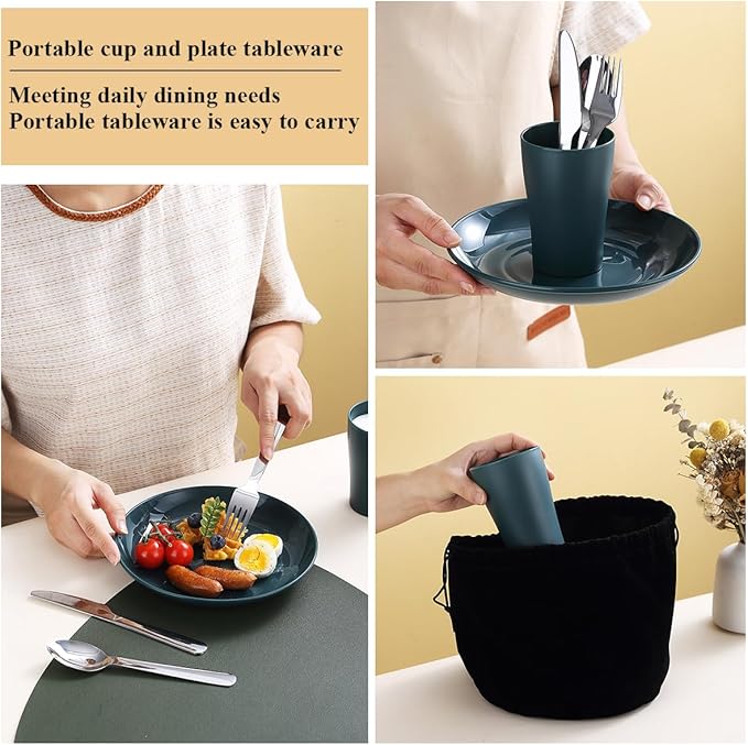 Camping Utensils Mess Kit, Including Camping Spoon, Fork, Knife, Plate and Cup Packed in a Portable Bag, Easy to Carry, Dishwasher Safe