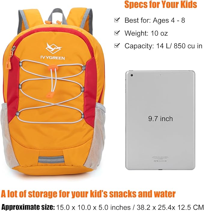 Little Kids Hiking Backpack for Boys or Girls, Small Daypack for Camping or Travel (Orange)