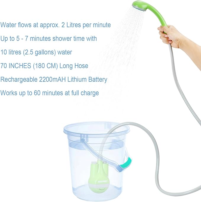 Portable Camping Shower, Outdoor Shower Head, Shower Pump, Rechargeable Battery, USB Charging Line, Pumps Water from Bucket, for Hiking, Pet Cleaning and Shower, Car Washing
